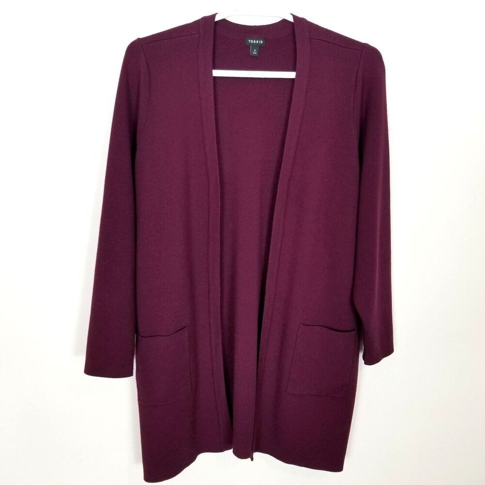Torrid‎ Women's Plus Open Front Longline Sweater Cardigan Sz 4X Burgundy Purple